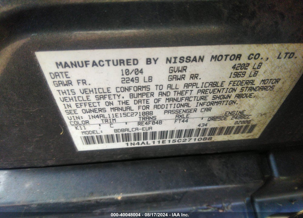2005 NISSAN ALTIMA 2.5 S VIN: 1N4AL11E15C271088