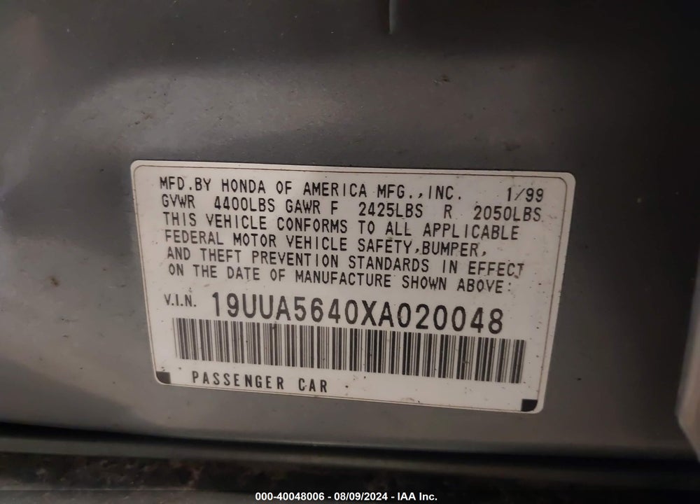 1999 ACURA TL 3.2 VIN: 19UUA5640XA020048