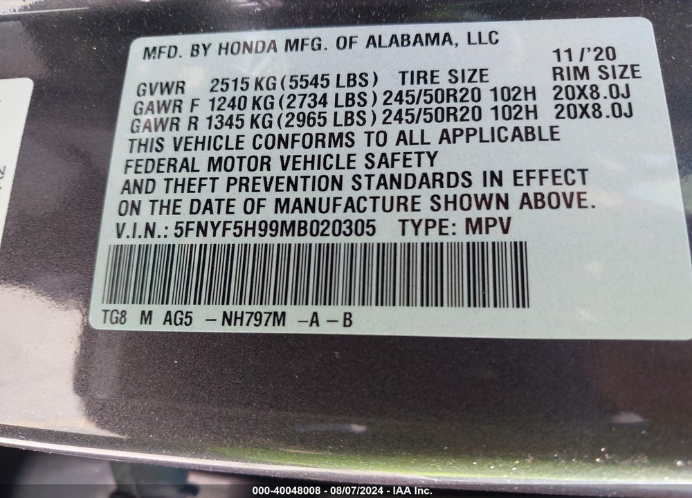 2021 HONDA PILOT 2WD TOURING 8 PASSENGER VIN: 5FNYF5H99MB020305