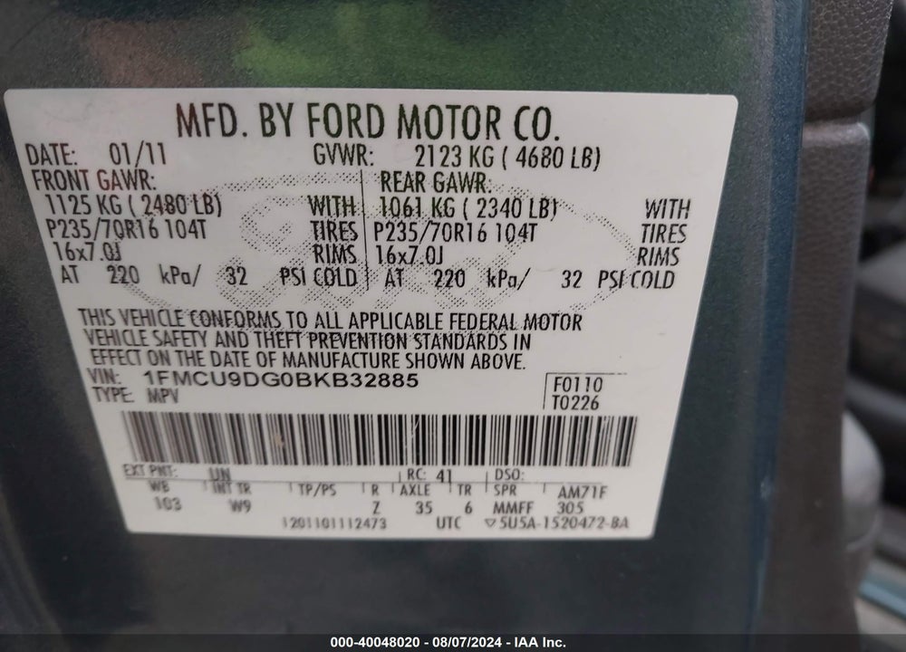 2011 FORD ESCAPE XLT VIN: 1FMCU9DG0BKB32885