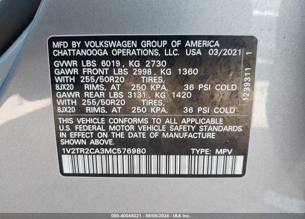 2021 VOLKSWAGEN ATLAS 3.6L V6 SEL PREMIUM VIN: 1V2TR2CA3MC576980
