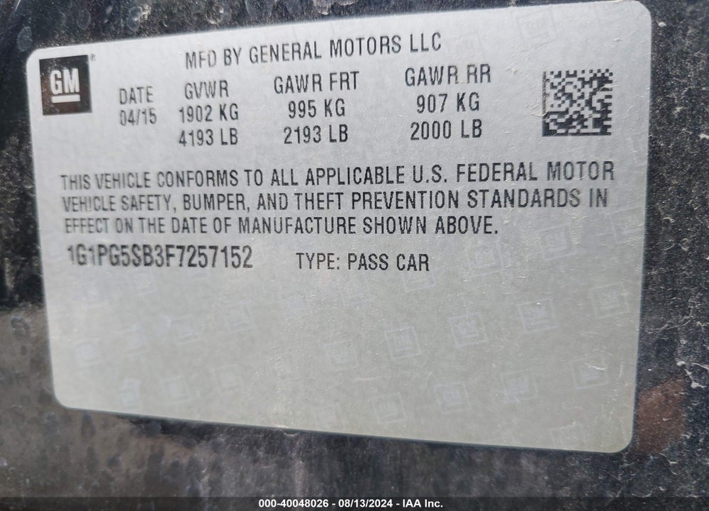 2015 CHEVROLET CRUZE LTZ VIN: 1G1PG5SB3F7257152