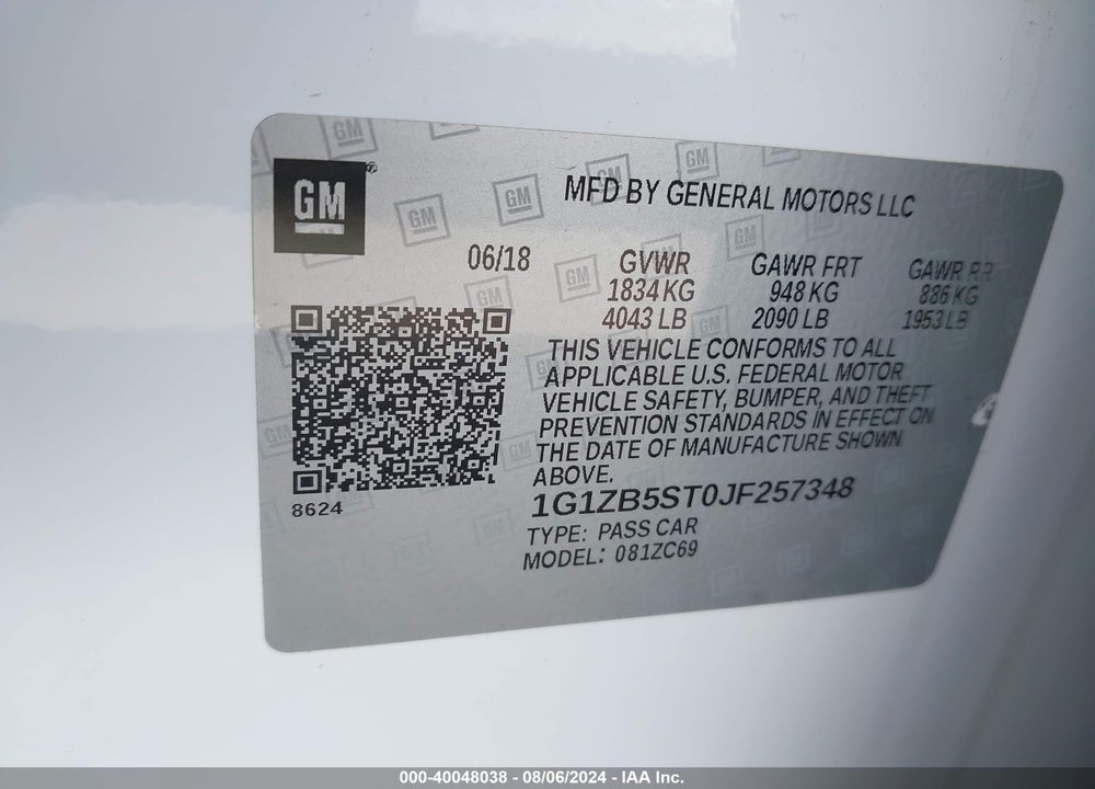 2018 CHEVROLET MALIBU VIN: 1G1ZB5ST0JF257348
