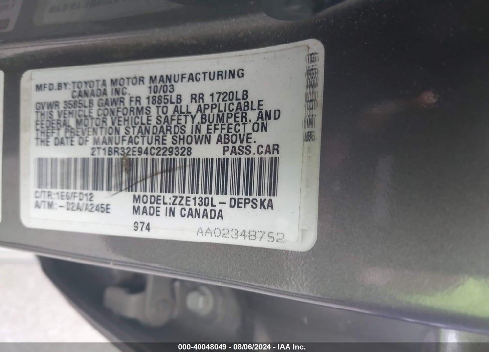 2004 TOYOTA COROLLA S VIN: 2T1BR32E94C229328
