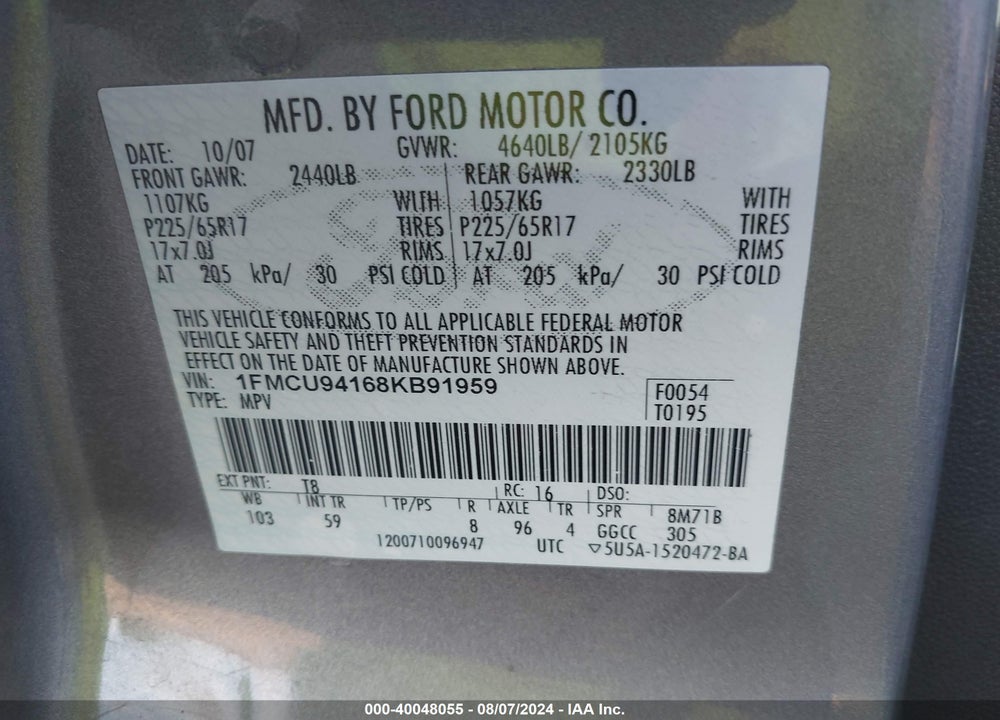 2008 FORD ESCAPE LIMITED VIN: 1FMCU94168KB91959