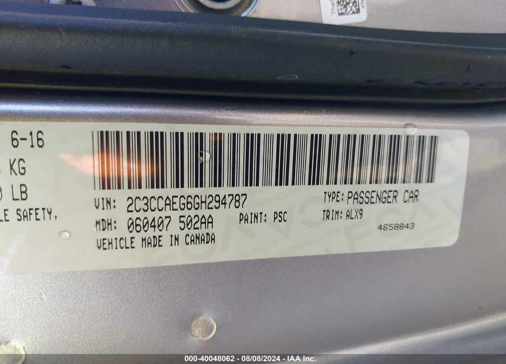 2016 CHRYSLER 300C VIN: 2C3CCAEG6GH294787