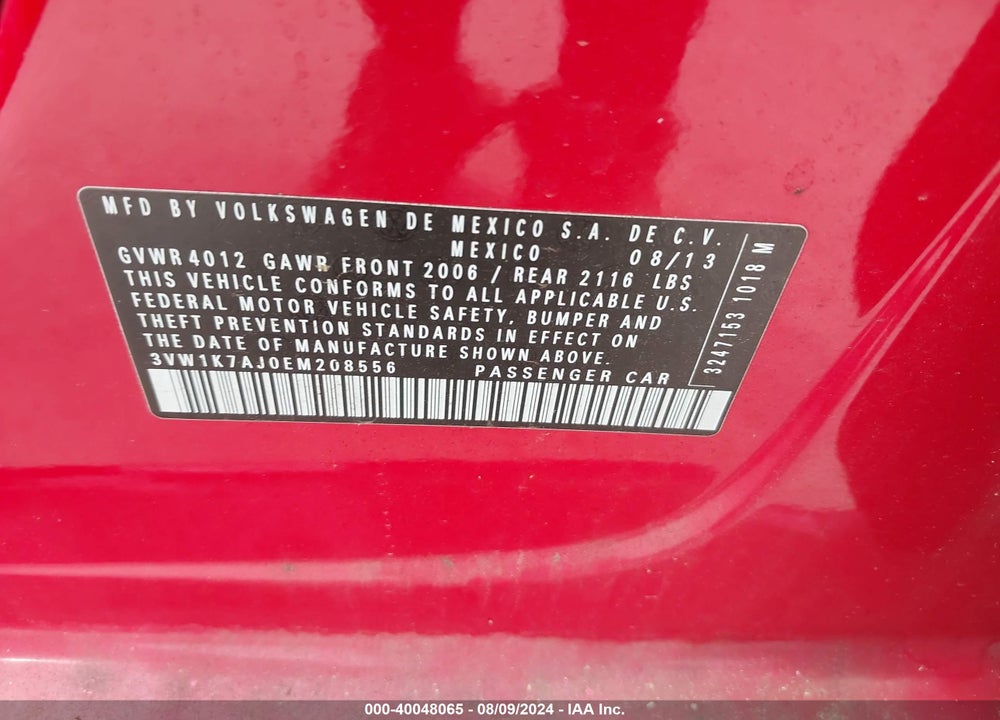 2014 VOLKSWAGEN JETTA 2.0L S VIN: 3VW1K7AJ0EM208556