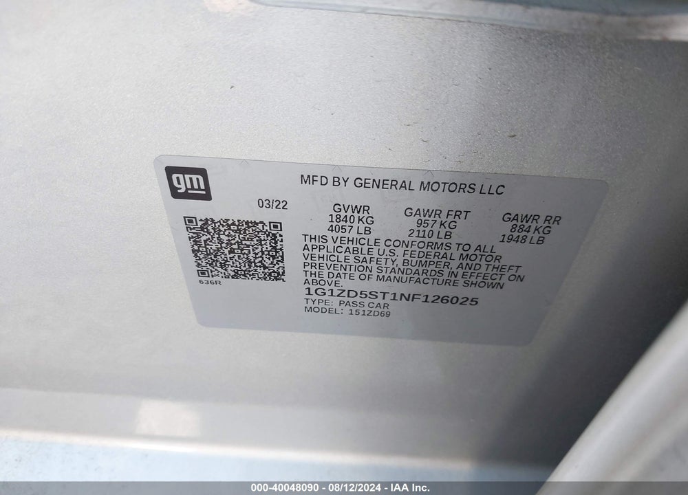 2022 CHEVROLET MALIBU FWD LT VIN: 1G1ZD5ST1NF126025