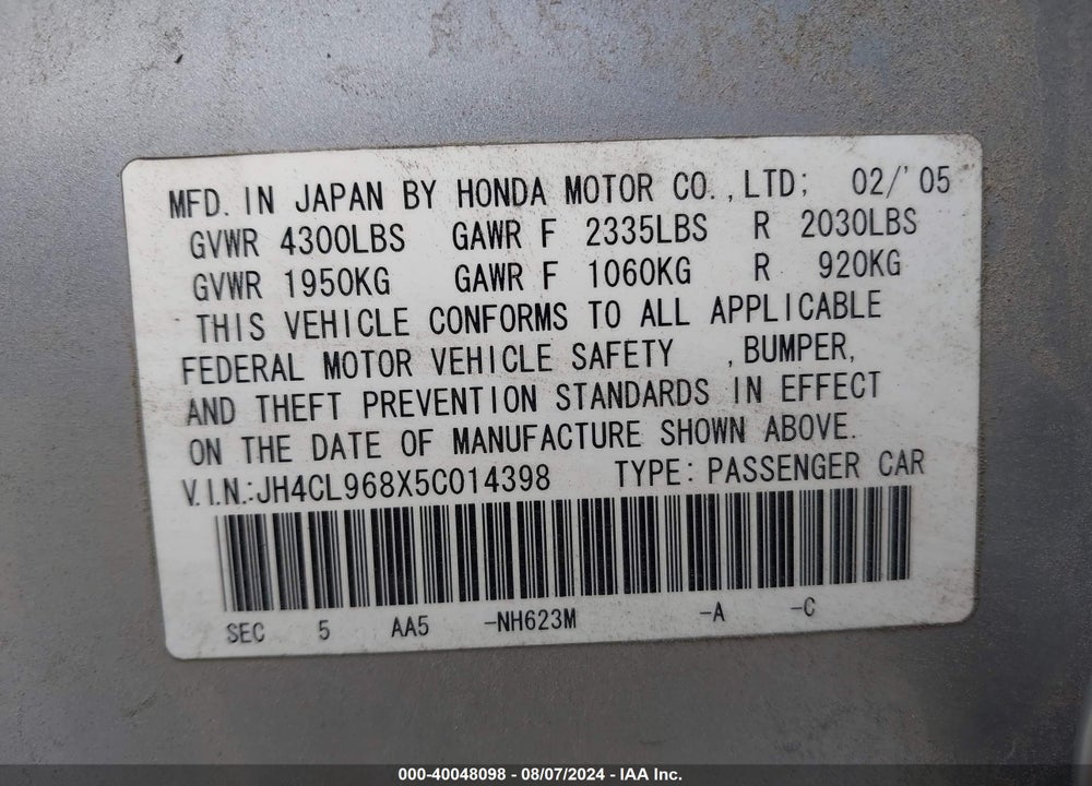 2005 ACURA TSX VIN: JH4CL968X5C014398