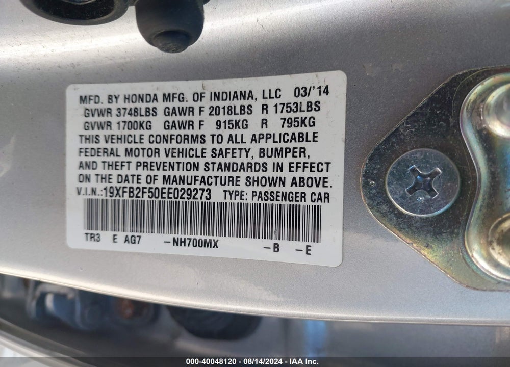 2014 HONDA CIVIC LX VIN: 19XFB2F50EE029273