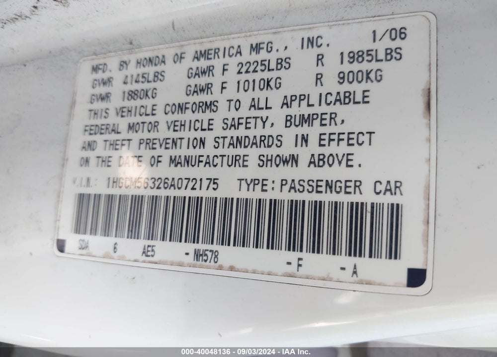 2006 HONDA ACCORD 2.4 SE VIN: 1HGCM56326A072175