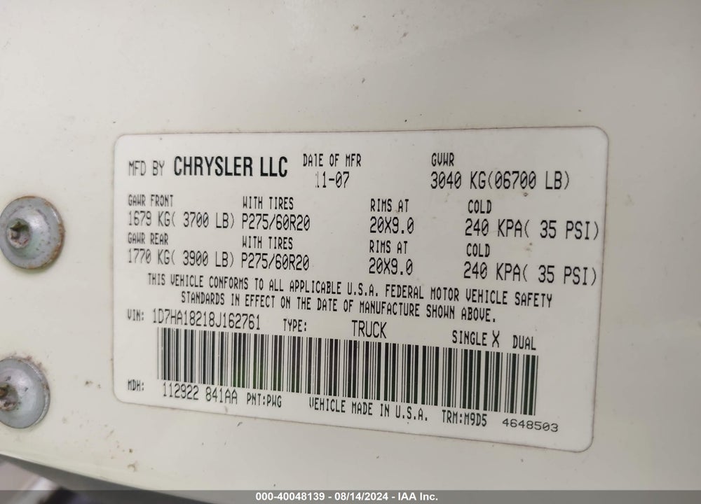 2008 DODGE RAM 1500 SLT VIN: 1D7HA18218J162761