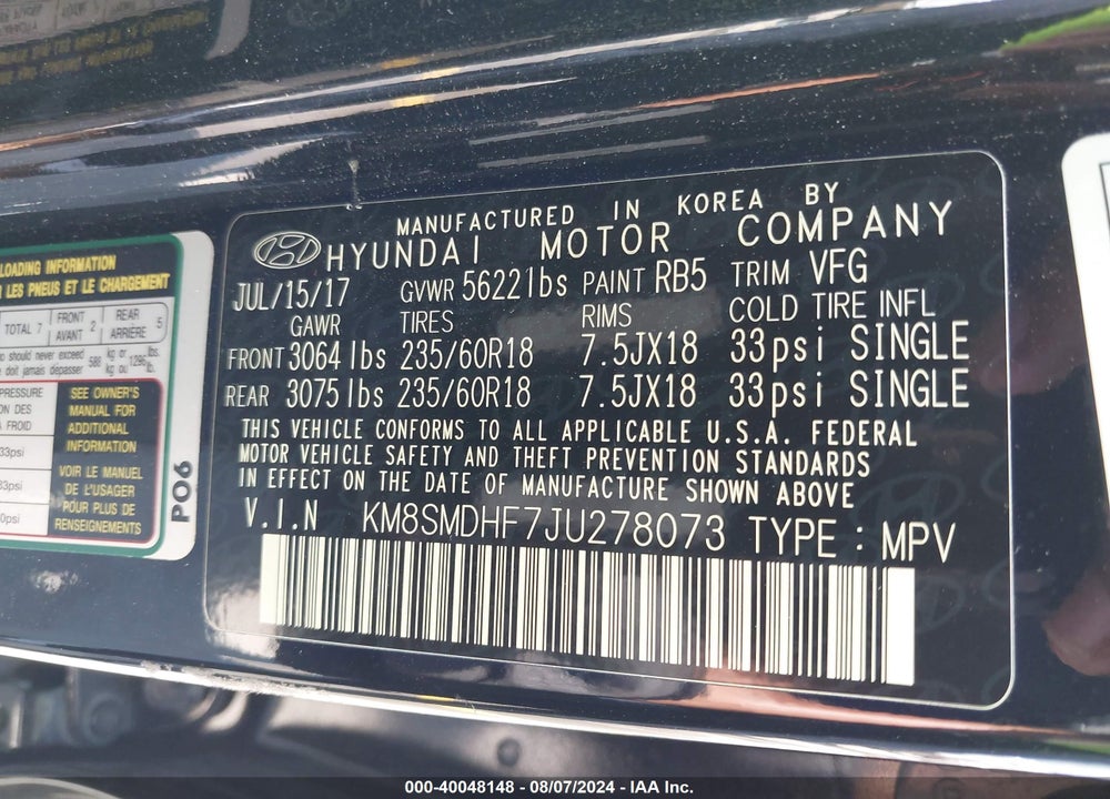 2018 HYUNDAI SANTA FE SE VIN: KM8SMDHF7JU278073