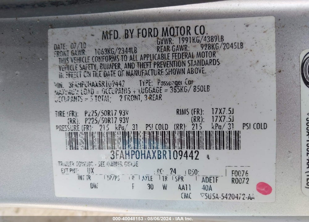 2011 FORD FUSION SE VIN: 3FAHP0HAXBR109442