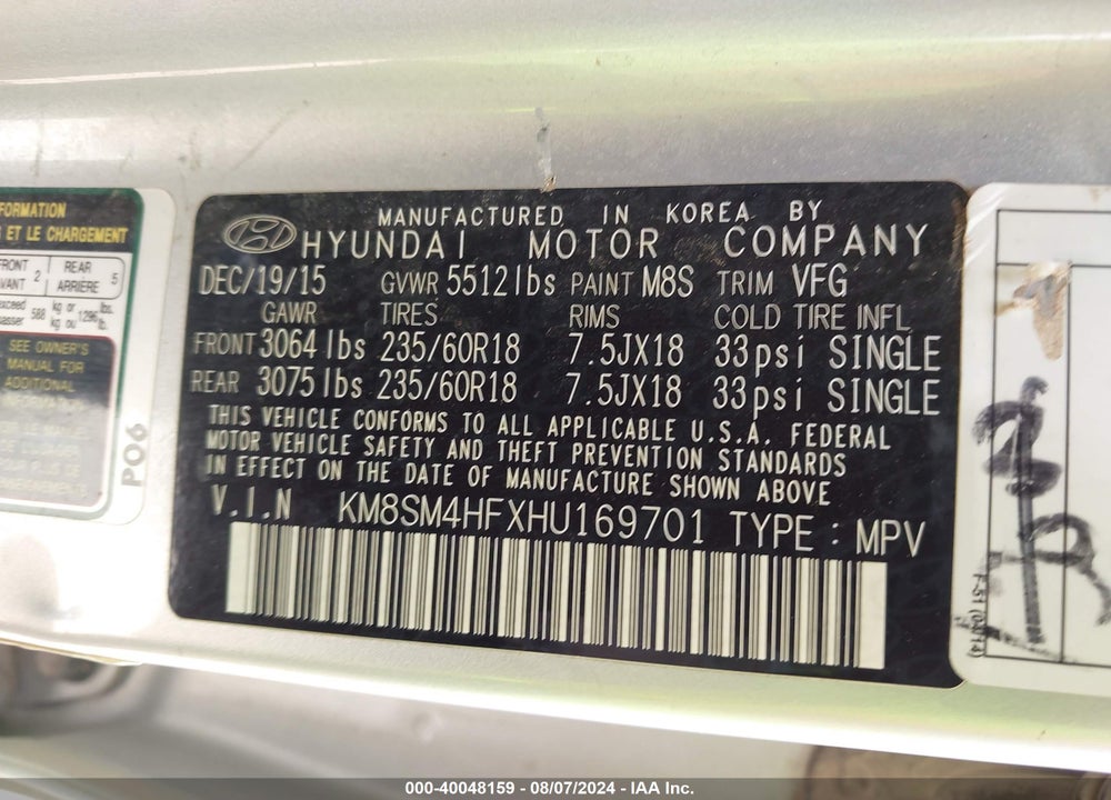2017 HYUNDAI SANTA FE SE VIN: KM8SM4HFXHU169701
