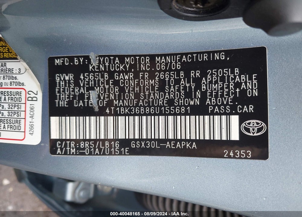 2006 TOYOTA AVALON LIMITED VIN: 4T1BK36B86U155681