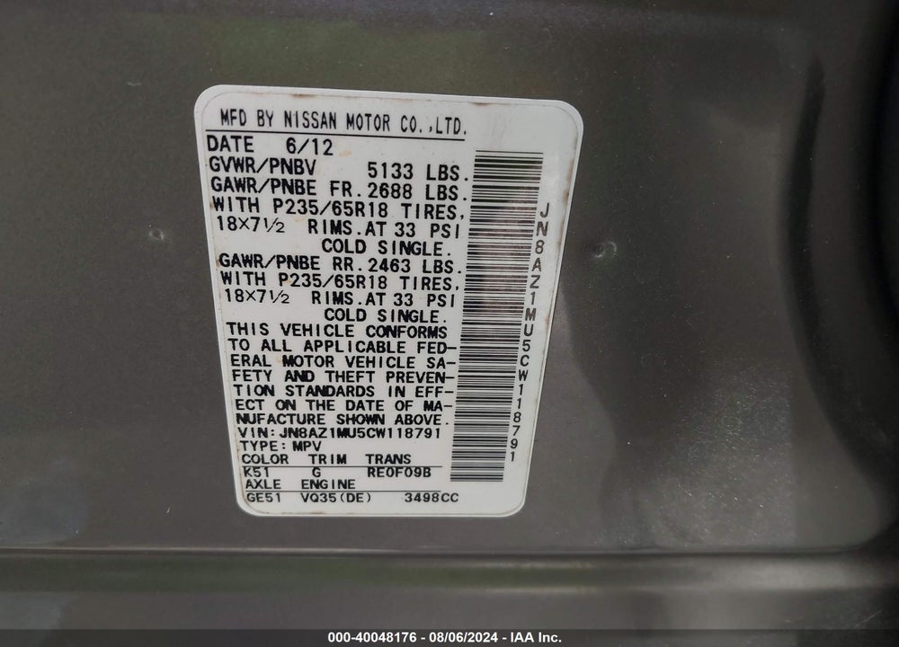 2012 NISSAN MURANO SL VIN: JN8AZ1MU5CW118791