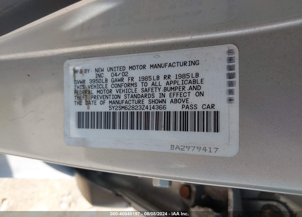 2003 PONTIAC VIBE VIN: 5Y2SM62823Z414366