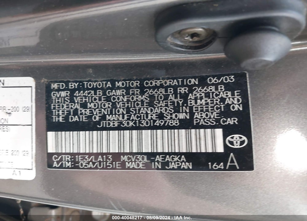 2003 TOYOTA CAMRY XLE V6 VIN: JTDBF30K130149788