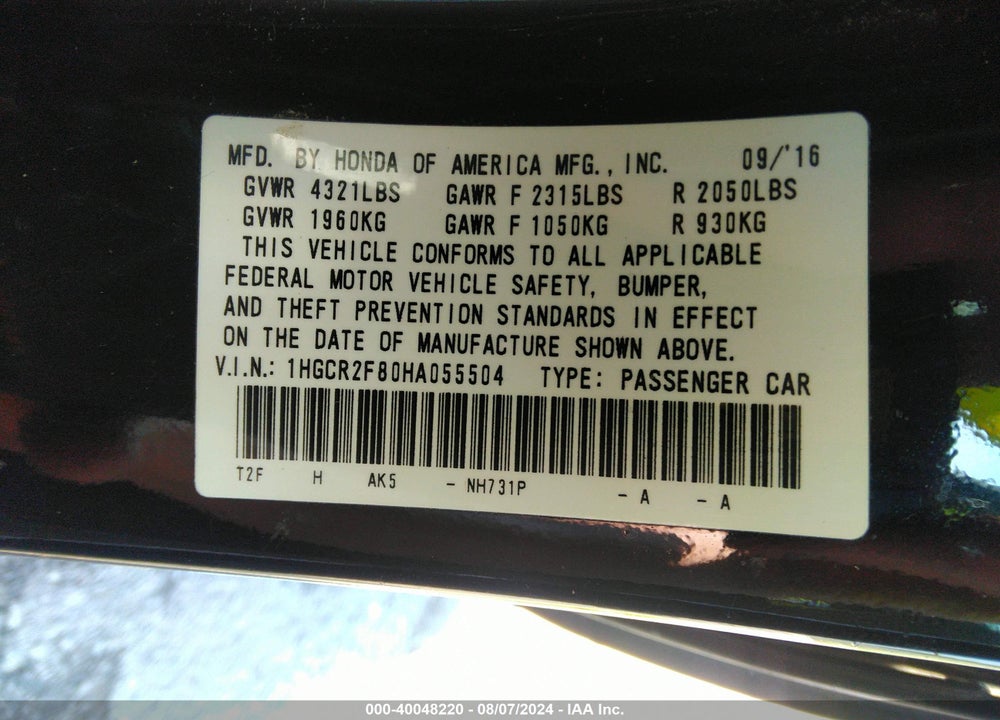 2017 HONDA ACCORD EX-L VIN: 1HGCR2F80HA055504