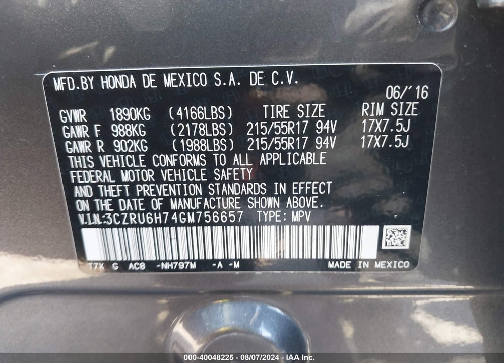 2016 HONDA HR-V EX-L VIN: 3CZRU6H74GM756657