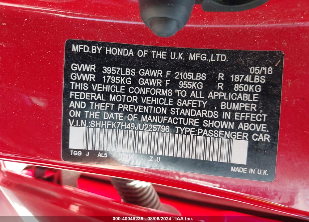 2018 HONDA CIVIC SPORT VIN: SHHFK7H49JU225796