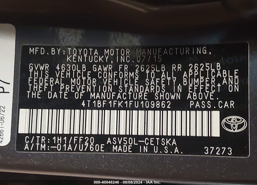 2015 TOYOTA CAMRY VIN: 4T1BF1FK1FU109862