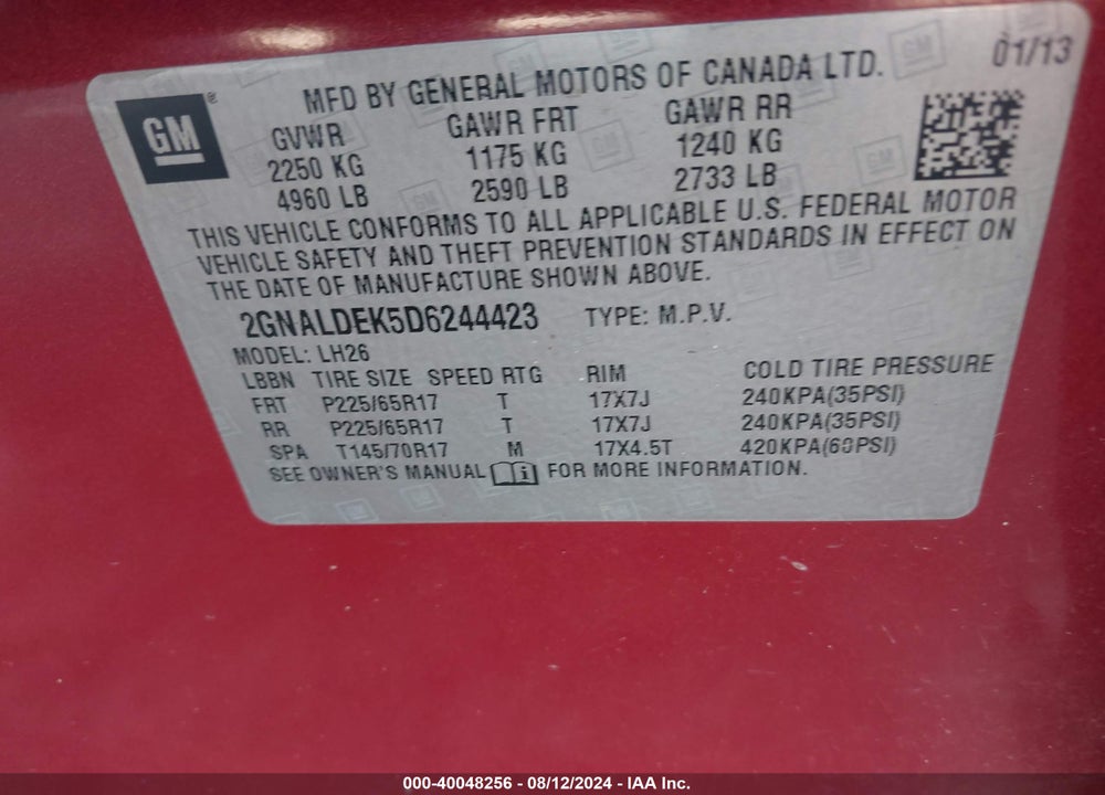 2013 CHEVROLET EQUINOX 1LT VIN: 2GNALDEK5D6244423