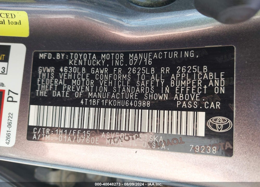 2017 TOYOTA CAMRY SE VIN: 4T1BF1FK0HU640988