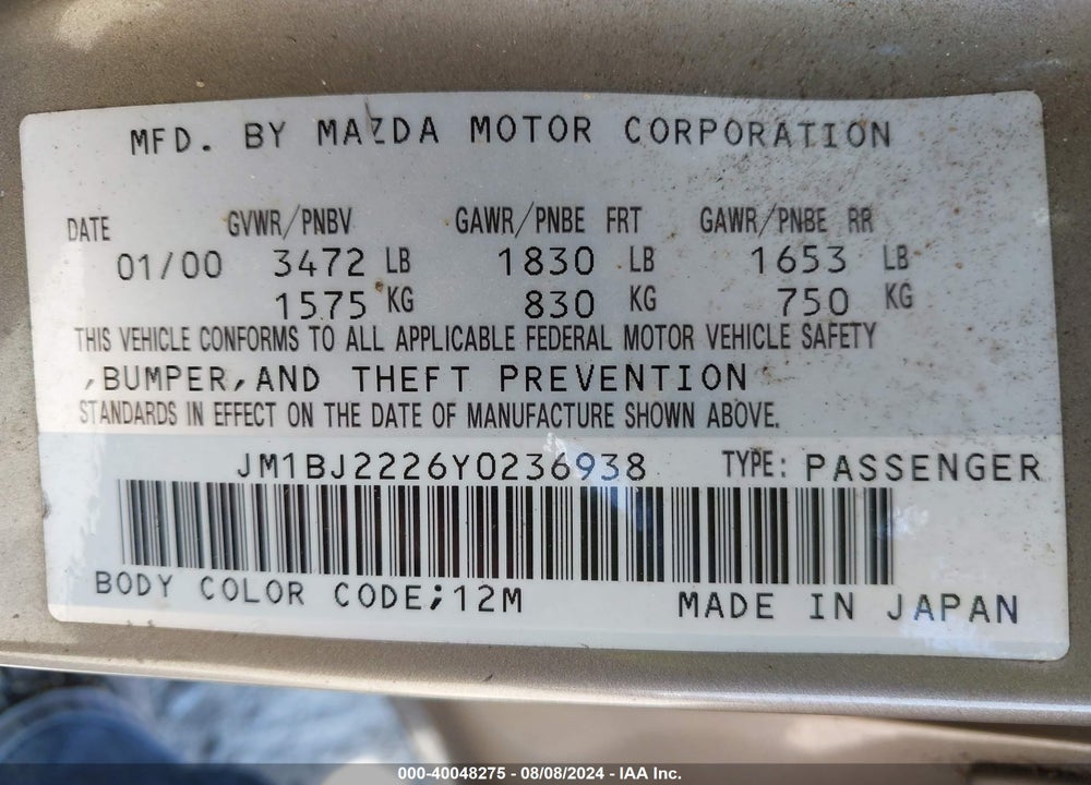 2000 MAZDA PROTEGE DX/LX VIN: JM1BJ2226Y0236938