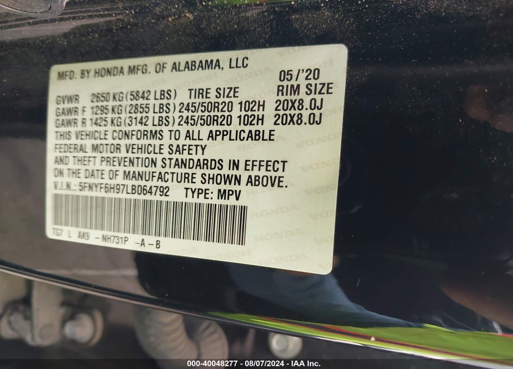 2020 HONDA PILOT AWD TOURING 8 PASSENGER VIN: 5FNYF6H97LB064792