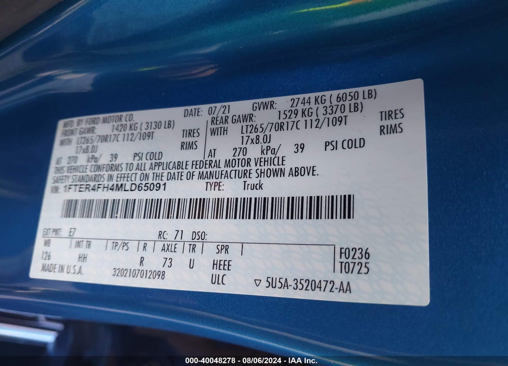 2021 FORD RANGER LARIAT VIN: 1FTER4FH4MLD65091
