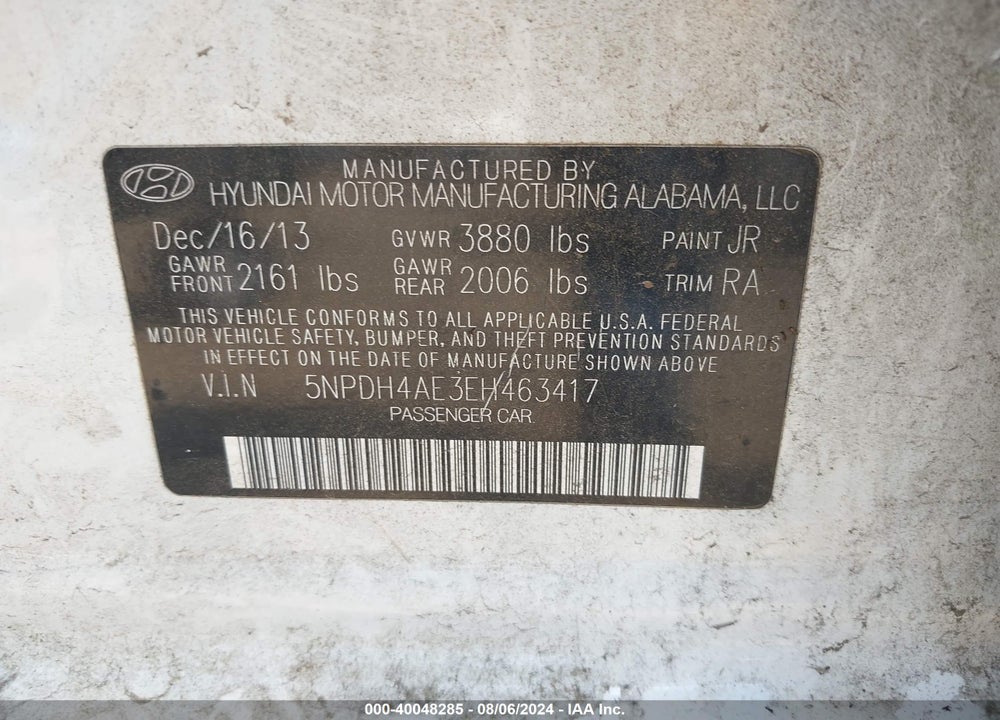 2014 HYUNDAI ELANTRA LIMITED VIN: 5NPDH4AE3EH463417
