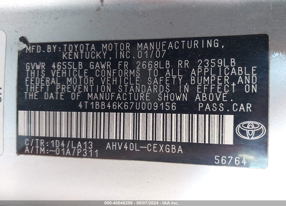 2007 TOYOTA CAMRY HYBRID VIN: 4T1BB46K67U009156