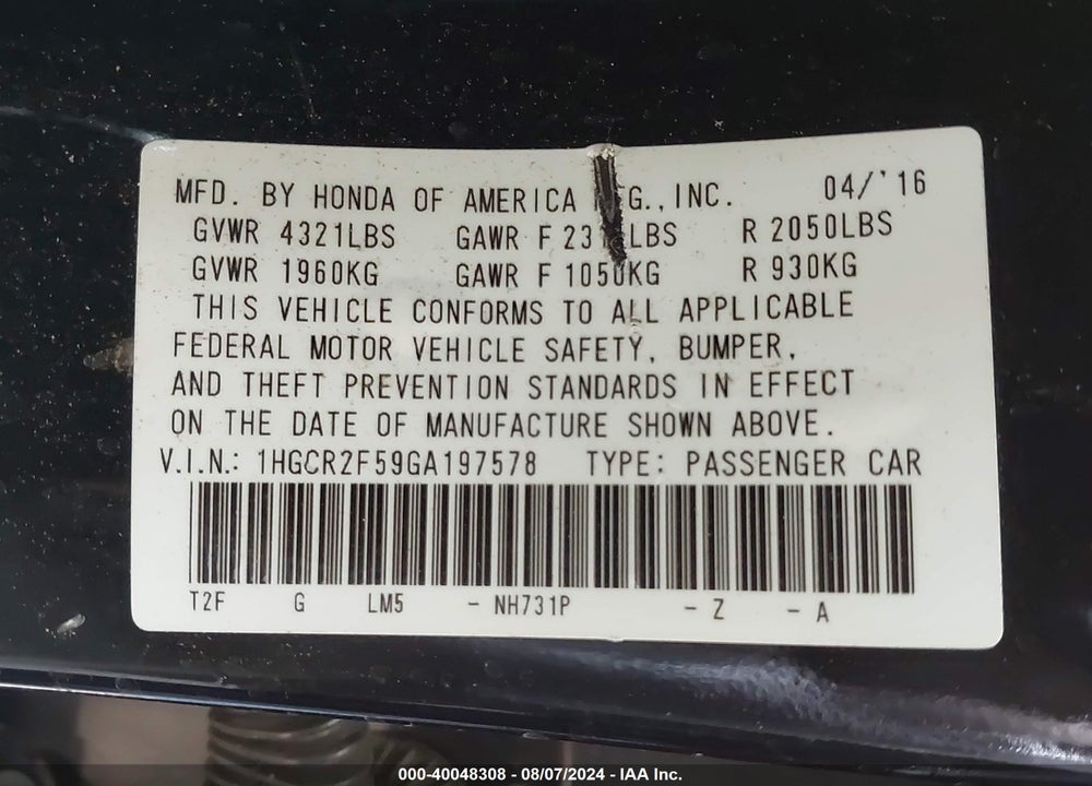 2016 HONDA ACCORD SPORT VIN: 1HGCR2F59GA197578