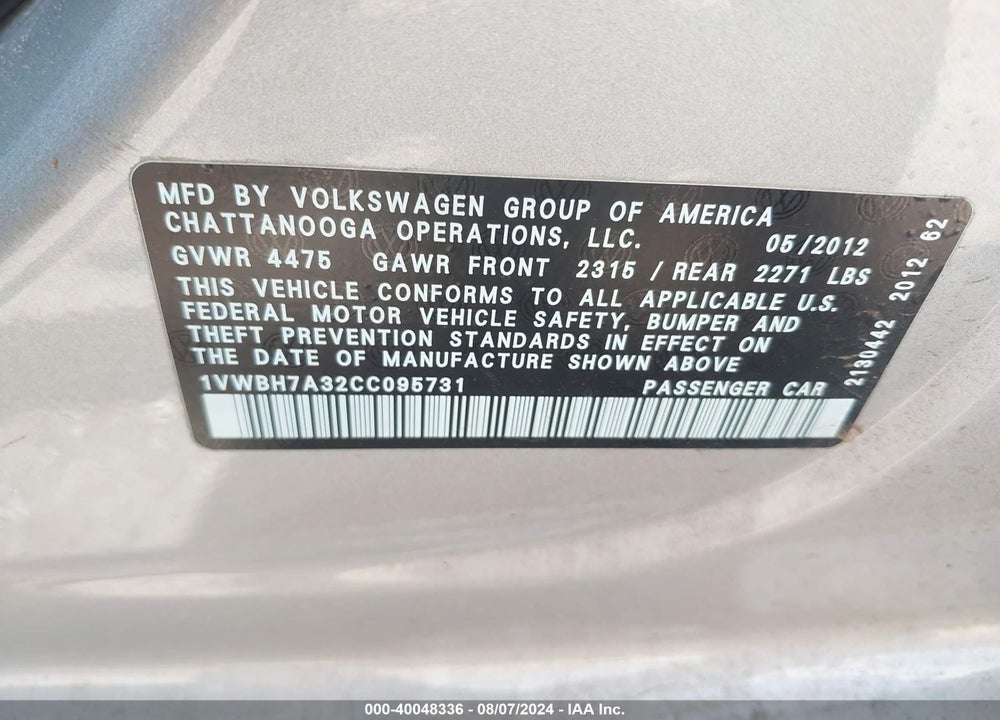 2012 VOLKSWAGEN PASSAT SE W/SUNROOF VIN: 1VWBH7A32CC095731