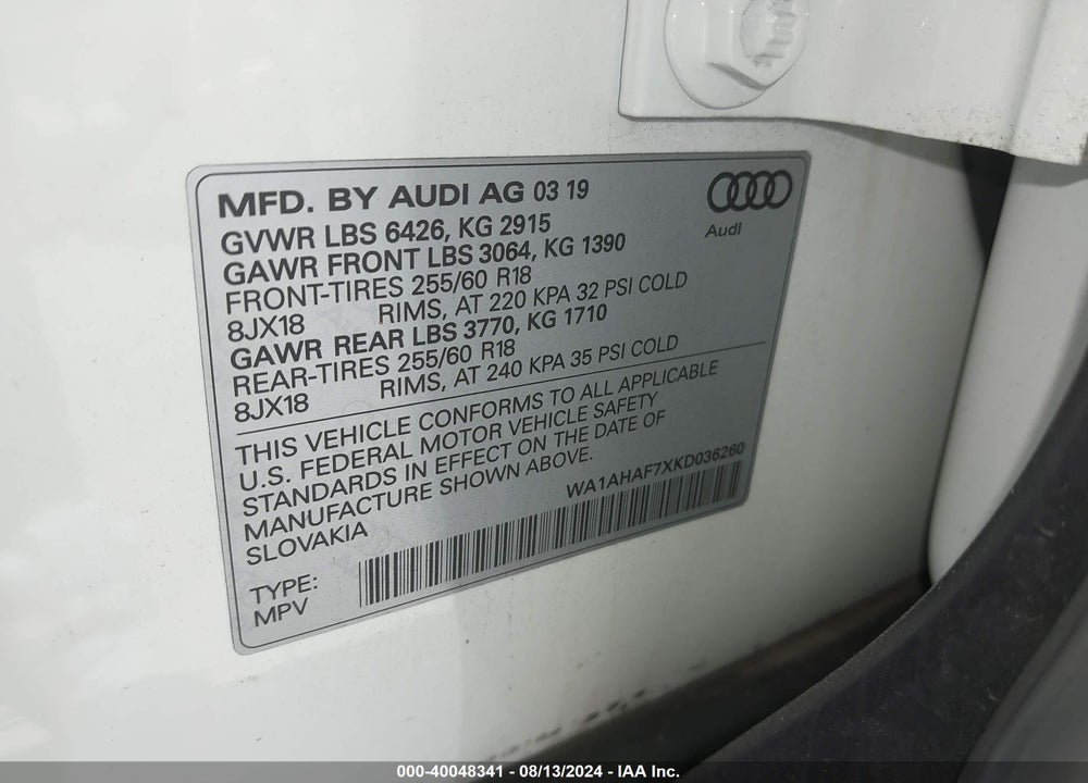 2019 AUDI Q7 45 SE PREMIUM/PREMIUM VIN: WA1AHAF7XKD036260