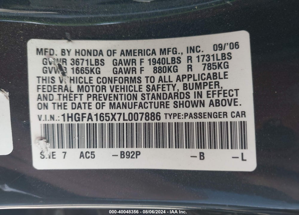 2007 HONDA CIVIC LX VIN: 1HGFA165X7L007886