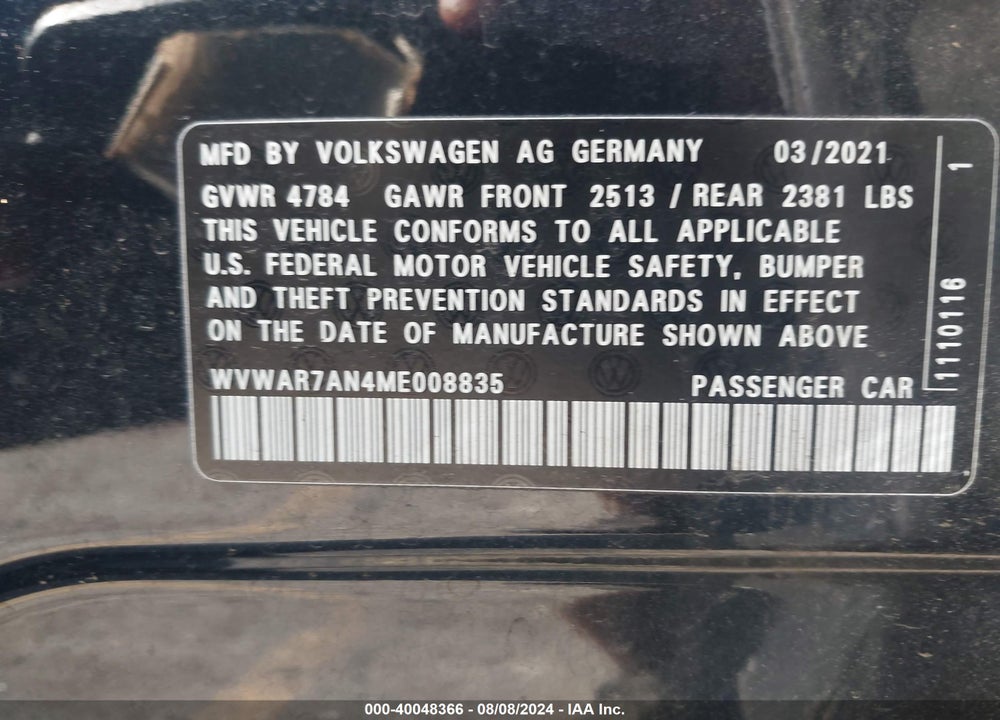 2021 VOLKSWAGEN ARTEON 2.0T SE VIN: WVWAR7AN4ME008835