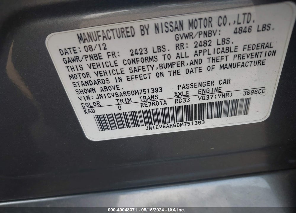 2013 INFINITI G37X VIN: JN1CV6AR6DM751393