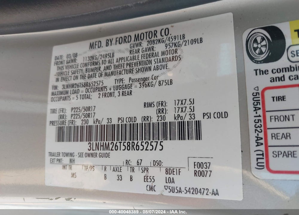 2008 LINCOLN MKZ VIN: 3LNHM26T58R652575