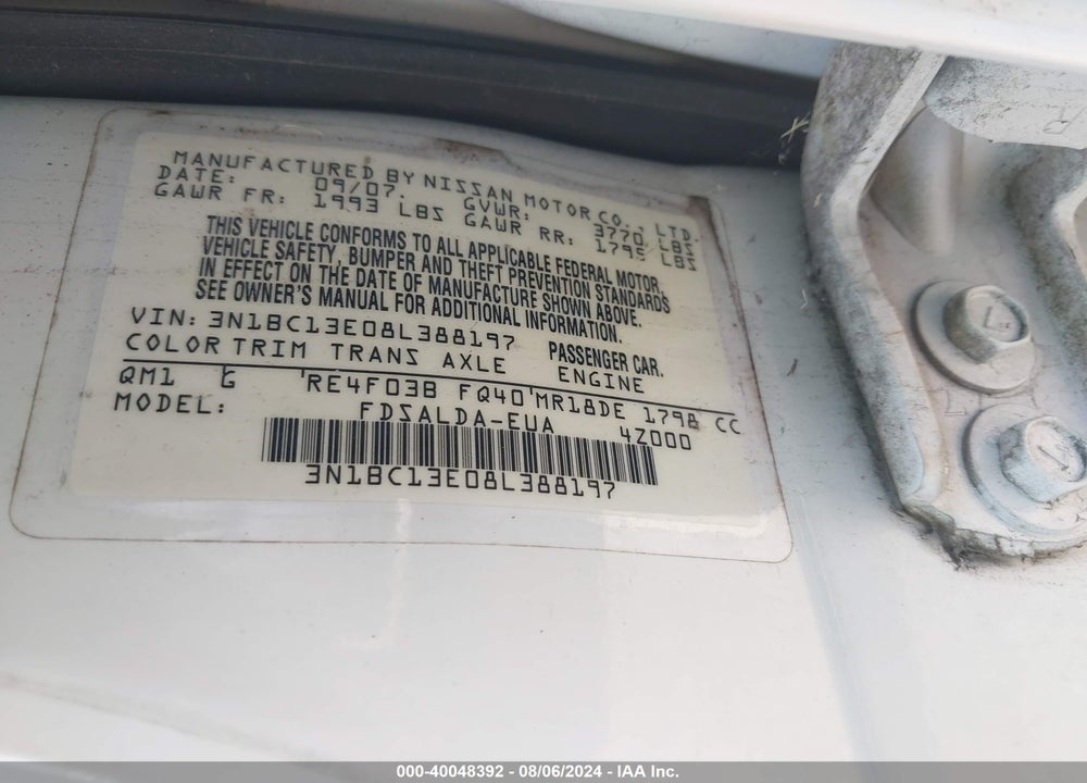 2008 NISSAN VERSA 1.8S VIN: 3N1BC13E08L388197