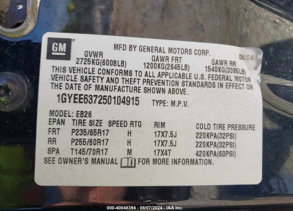2005 CADILLAC SRX V6 VIN: 1GYEE637250104915