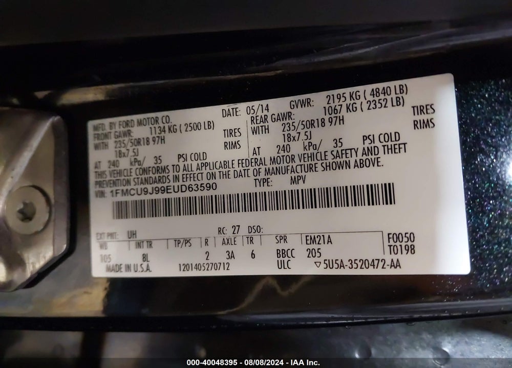 2014 FORD ESCAPE TITANIUM VIN: 1FMCU9J99EUD63590