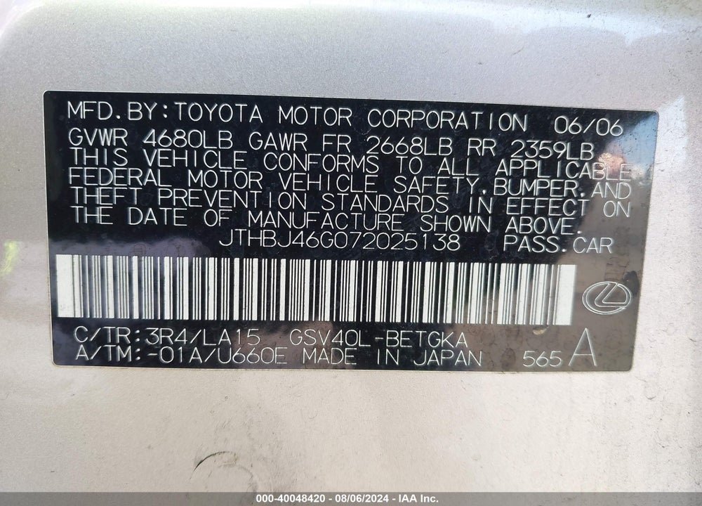 2007 LEXUS ES 350 VIN: JTHBJ46G072025138