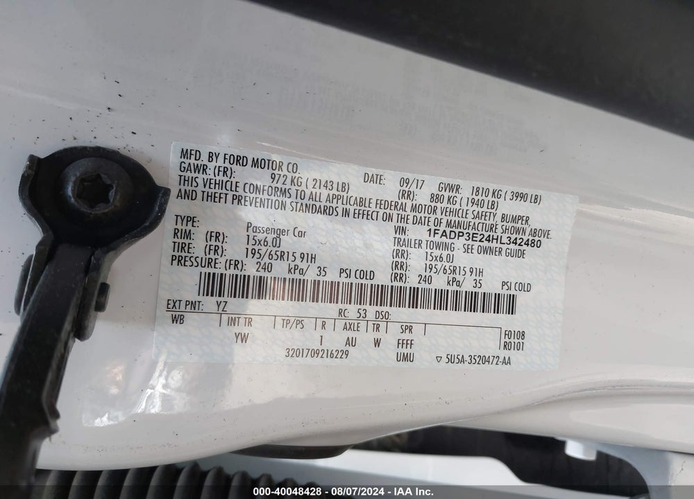 2017 FORD FOCUS S VIN: 1FADP3E24HL342480