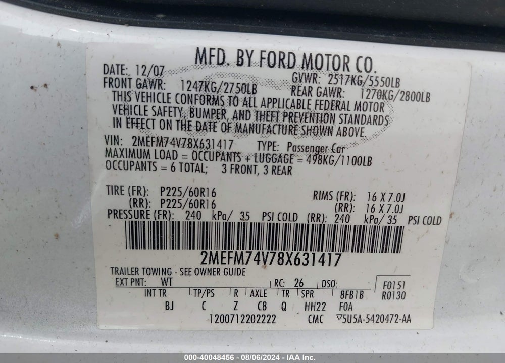 2008 MERCURY GRAND MARQUIS GS VIN: 2MEFM74V78X631417