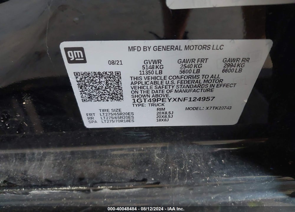 2022 GMC SIERRA 2500HD 4WD STANDARD BED AT4 VIN: 1GT49PEYXNF124957