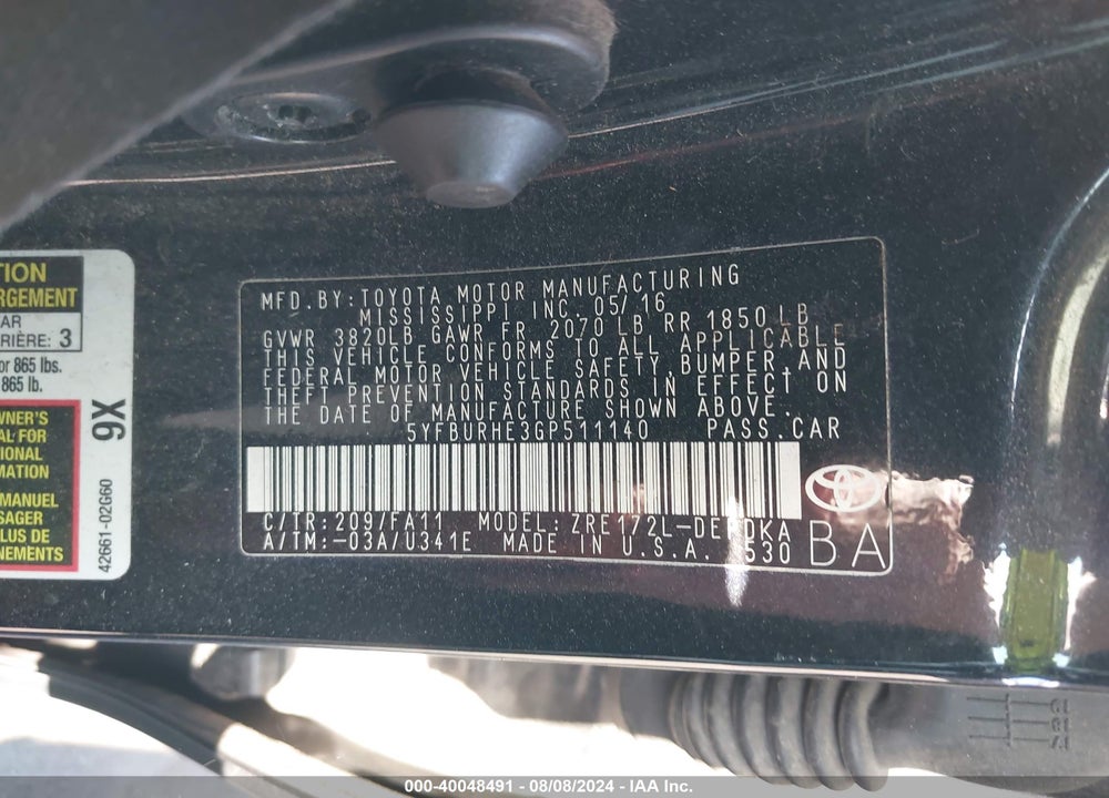 2016 TOYOTA COROLLA L VIN: 5YFBURHE3GP511140