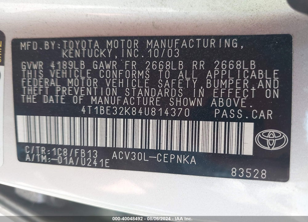 2004 TOYOTA CAMRY LE VIN: 4T1BE32K84U814370